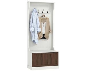 HOMCOM 3-in-1 Crochet d'entrée avec porte-chaussures, crochet de sol peu encombrant avec 4 crochets et banc de rangement, MDF, pour entrée, chambre, 71.5x39.5x170 cm, blanc et marron