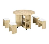 HOMCOM 5 Piece Chipboard Table and Chair Set, Round Folding Table with 2 Open Shelves and 4 Oak Stools (Table Pliante Ronde avec 2 étagères Ouvertes et 4 tabourets en chêne)