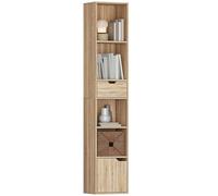 HOMCOM 6-Tier Bookcase, Tall Narrow Bookshelf with Drawer, Door, Adjustable Shelf, Modern Display Standing Shelving Unit for Living Room, Home Office, Bedroom, 30 x 24 x 158 cm, Natural Wood Finish