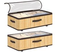 HOMCOM 60L Rangement sous-lit avec roulettes, lot 2, 23cm haut, Naturel | Boîte sous-lit, couvercle transparent, poignée, tiroirs roulants, pour couette, couverture, vêtements, chaussures