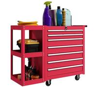 HOMCOM 7 tiroirs Coffre Roulant, étagère Amovible, verrouillable, Rouge | Armoire de rangement d'outils en acier, roues verrouillables, revêtements de tiroirs, pour garage et atelier