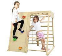 HOMCOM Aire de Jeux 5 en 1 pour Enfants 120 x 105 x 120 cm Hêtre Naturel | Ensemble d'Escalade, avec Balançoire, Échelle Horizontale, Filet à Grimper, Mur d'Escalade, Bois de Hêtre, Intérieur