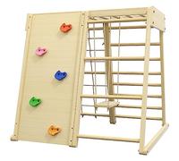 HOMCOM Aire de Jeux 5 en 1 pour Enfants Ensemble d'escalade avec balançoire, échelle Horizontale, Filet à Grimper et Mur d'escalade, 120 x 105 x 120 cm, Bois de hêtre Naturel