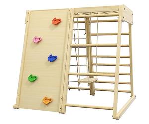 HOMCOM Aire de Jeux 5 en 1 pour Enfants Ensemble d'escalade avec balançoire, échelle Horizontale, Filet à Grimper et Mur d'escalade, 120 x 105 x 120 cm, Bois de hêtre Naturel