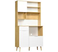 HOMCOM Alacena de cuisine Buffet haut meuble auxiliaire de cuisine avec 3 portes tiroir étagère réglable pour micro-ondes et porte-serviettes 93 x 40 x 180 cm naturel et blanc