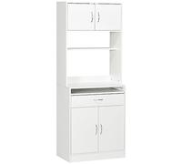 HOMCOM Alacena de cuisine Meuble buffet auxiliaire avec 4 portes Plateau amovible étagère réglable tiroir et comptoir à micro-ondes ouvert 70 x 40 x 180 cm Blanc