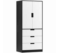 HOMCOM Armoire 2 portes avec 3 tiroirs, armoire moderne avec tringle, pour chambre, Noir Blanc