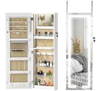 HOMCOM Armoire à bijoux avec LED, organisateur de bijoux mural/de porte verrouillable avec miroir pleine longueur, divers compartiments, meuble de rangement pour colliers, boucles d'oreilles, blanc