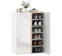 HOMCOM Armoire à chaussures, avec 2 portes brillantes, 6 compartiments réglables, rangement à chaussures avec fonction Soft-Close pour 18 paires de chaussures, 70 x 35 x 95 cm, blanc
