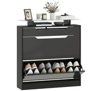 HOMCOM Armoire à chaussures avec tiroir coulissant, 2 portes rabattables, plateau en verre trempé et étagères réglables pour 16 paires de chaussures, noir