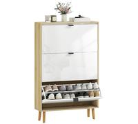 HOMCOM Armoire à Chaussures Mince avec 3 Portes Pliantes, Armoire à Chaussures d'entrée avec étagères réglables sur 2 Niveaux et Base surélevée, Armoire à Chaussures pour 24 Paires avec poignée,