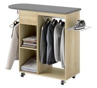 HOMCOM Armoire à Repasser en Bois, Table à Repasser avec roulettes, Barre de Suspension pour vêtements, étagère Ouverte, pour Salon, Chambre, 125 x 43,5 x 102,5 cm, Bois Naturel