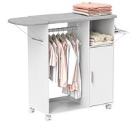 HOMCOM Armoire à Repasser en Bois Table à Repasser Pliante avec roulettes Barre de Suspension pour vêtements Étagère Ouverte pour Salon Chambre 107x42,5x99 cm Blanc