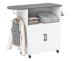HOMCOM Armoire à repasser sur roulettes - Planche à repasser avec support de suspension - Tablette ouverte et planche à repasser - 125 x 43,5 x 102,5 cm - Blanc