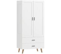 HOMCOM Armoire Chambre Penderie 2 Portes, 2 Tiroirs, 80x54x180cm Blanc | Portes Fermeture Douce, Barre de Suspension, Pieds Surélevés en Bois, Armoire à Vêtements, Dressing Moderne pour Chambre