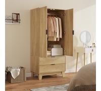 HOMCOM Armoire chambre penderie avec 2 portes à fermeture douce, 2 tiroirs et barre de suspension, 80x50x180cm, bois naturel