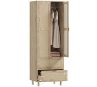 HOMCOM Armoire Chambre penderie avec 2 Portes en rotin, 2 tiroirs et Barre de Suspension, Armoire à vêtements, Dressing, Style bohème, pour Chambre à Coucher, 63 x 47 x 185 cm, Bois Naturel