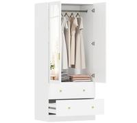 HOMCOM Armoire Chambre penderie avec Miroir, 2 Portes, Armoire à vêtements, Dressing avec 2 tiroirs et Barre de Suspension, Style Moderne, 80 x 50 x 180 cm, Blanc