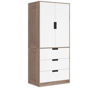 HOMCOM Armoire penderie 2 portes fermeture douce, 3 tiroirs, barre 80x50x180cm Marron/Blanc