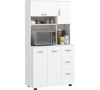 HOMCOM Armoire de cuisine, armoire haute avec 3 tiroirs, étagères réglables, buffet de cuisine avec étagère pour micro-ondes, pour salon, salle à manger, blanc