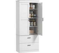 HOMCOM Armoire de cuisine, armoire haute avec étagère réglable, tiroir, armoire buffet Rangement avec vitrine style campagnard pour salle à manger Cuisine 75x39x178 cm Blanc