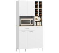 HOMCOM Armoire de cuisine avec plan de travail, 5 portes, étagère à vin, tiroir, armoire haute avec étagères réglables, trou pour câble, moderne, blanche, 90 x 35 x 183 cm