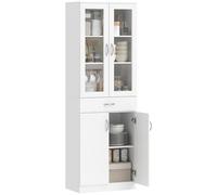 HOMCOM Armoire de cuisine Buffet avec étagère réglable Tiroir 2 Armoire haute avec porte en verre Fonction soft-close pour cuisine, salle à manger, salon 60 x 35 x 180 cm Blanc