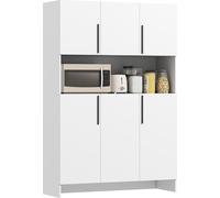 HOMCOM Armoire de cuisine Buffet avec plan de travail, 6 portes, 4 placards, armoire haute avec charnières silencieuses, armoire pour micro-ondes avec design moderne, blanc