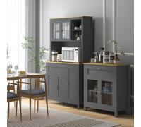 HOMCOM Armoire de cuisine buffet cuisine 5 portes dont 2 portes vitrées et 1 tiroir, 1 niche centrale - hauteur 180 cm gris