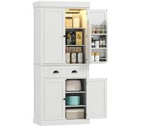 HOMCOM Armoire de cuisine de 180,3 cm avec lumière LED à détecteur de mouvement, armoire de rangement haute avec 6 étagères de porte, tiroir et étagères réglables, pour salon et salle à manger, blanc