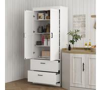 HOMCOM Armoire de cuisine indépendante avec étagères ajustables et deux larges tiroirs pour salon, cuisine, Blanc