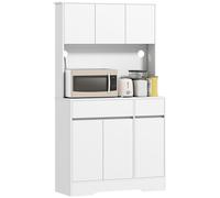 HOMCOM Armoire de Cuisine Rangement, Buffet Meuble de Rangement, avec Plan de Travail, 6 Portes, Étagères Réglables, Trous pour Câbles, Micro-ondes, Moderne, Blanc, 100 x 38 x 180 cm