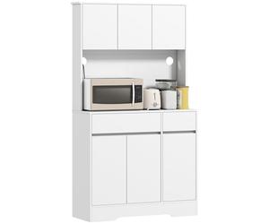 HOMCOM Armoire de Cuisine Rangement, Buffet Meuble de Rangement, avec Plan de Travail, 6 Portes, Étagères Réglables, Trous pour Câbles, Micro-ondes, Moderne, Blanc, 100 x 38 x 180 cm