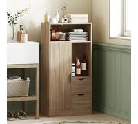 HOMCOM Armoire de Salle de Bain avec 2 Tiroirs Compartiment Ouvert et Étagères Réglables pour Espace Petit 50x25x100 cm Naturel