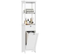 HOMCOM Armoire de salle de bain haute avec panier à linge amovible, meuble de rangement fin pour salle de bain avec armoire à linge inclinable, 2 étagères ouvertes et tiroir, 40 x 30 x 165 cm, blanc
