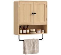 HOMCOM Armoire Murale de Salle de Bain Meuble WC 2 Portes 60x20x60cm Chêne | Meuble de Rangement Suspendu, Salle de Bains, Étagère Ouverte, Porte-Serviettes, Étagère Réglable