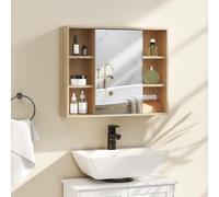HOMCOM Armoire Murale, Meuble Salle de Bain avec Miroir, Miroir Salle de Bain avec Rangement, Placard à Portes et 6 Compartiments Ouverts, 60 x 14,5 x 49,4 cm, Bois Naturel
