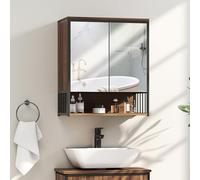 HOMCOM Armoire Murale Salle de Bain avec Miroir, 56 x 65 cm, Meuble Salle de Bain, Armoire de Toilette avec Compartiment Ouvert, Porte à Fermeture amortie, Marron