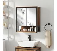 HOMCOM Armoire Murale Salle de Bain avec Miroir 56x65 cm avec Compartiment Ouvert, Meuble Salle de Bain, Armoire de Toilette Porte à Fermeture en Douceur, Marron