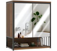 HOMCOM Armoire Murale Salle de Bain avec Miroir 56x65 cm avec Compartiment Ouvert, Meuble Salle de Bain, Armoire de Toilette Porte à Fermeture en Douceur, Marron