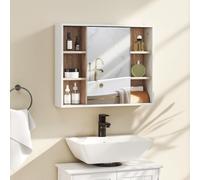 HOMCOM Armoire murale à miroir — armoire de toilette en bois, 6 étagères — 60×14,5×49,4 cm, Blanc