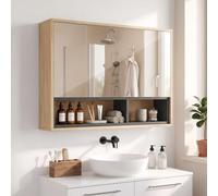 HOMCOM Armoire Murale Salle De Bain avec Miroir 80L x 20l x 60H cm Chêne | Armoire Suspendue, Miroir Salle de Bain avec Rangement, Placard à 3 Portes, 8 Compartiments