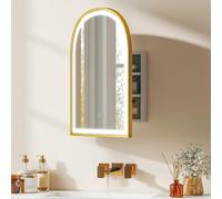 HOMCOM Armoire Murale Salle de Bain avec Miroir et Éclairage LED, 50x14,5x70cm, Meuble Salle de Bain à Porte Arquée Alliage d'Aluminium, Anti-Buée, 3 Températures de Lumière, Étagères Réglables, Doré