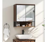 HOMCOM Armoire murale salle de bain avec miroir meuble salle de bain avec compartiment ouvert porte à fermeture amortie marron