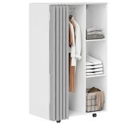 Armoire penderie sur roulettes - tringle, étagère, penderie, 3 compartiments - effet bois blanc rideau gris Blanc G