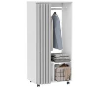 HOMCOM Armoire Penderie Mobile Dressing avec Rideau 60x40x128cm Blanc | Armoire de Rangement, 4 Roulettes, Tringle de Suspension, Étagères, Penderie Vêtement Roulant, pour Chambre
