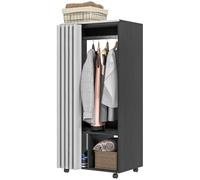 Armoire penderie sur roulettes - tringle penderie, 2 compartiments - effet bois noir rideau gris Noir G
