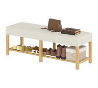 HOMCOM Banc à chaussures 140 cm en bois massif, banc d'entrée moderne avec assise rembourrée pour deux personnes, bois naturel et blanc crème