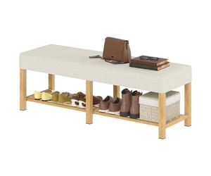 HOMCOM Banc à chaussures 140 cm en bois massif, banc d'entrée moderne avec assise rembourrée pour deux personnes, bois naturel et blanc crème