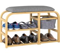 HOMCOM Banc à chaussures avec 2 étages, banc avec panier extensible, 2 étagères à chaussures, banc de vestiaire avec aspect lin, pour 5 paires de chaussures, gris, 70 x 30 x 45 cm